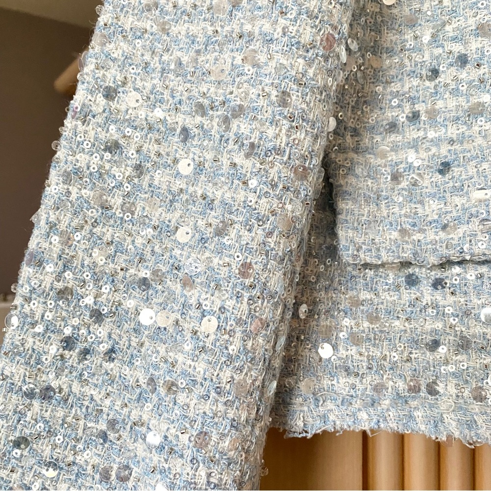 Zara textured tweed sequin blazer jacket blue sliver - Picture 7 of 12